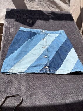 Versona Blue Patchwork Diagonal-Panel Button Mini Skirt